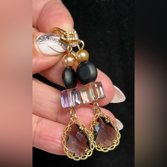 🖤🦋925 plated drop earring gorgeous CZ ZIRCON black faceted drop - Picture 3 of 8